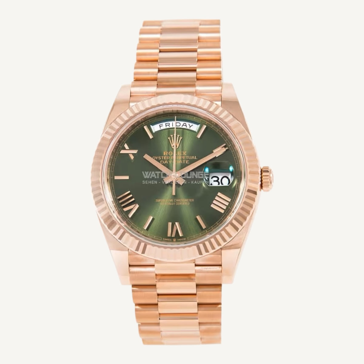 Rolex Day-Date 40 228235 | Olive Green Dial | Everose Gold | Very Good | Box & Papers
